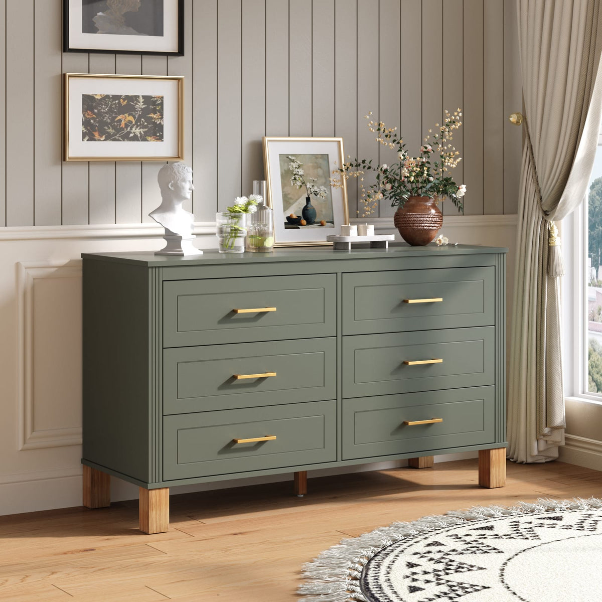 6-Drawer Olive Green Dresser - Modern Storage Cabinet for Kids Bedroom
