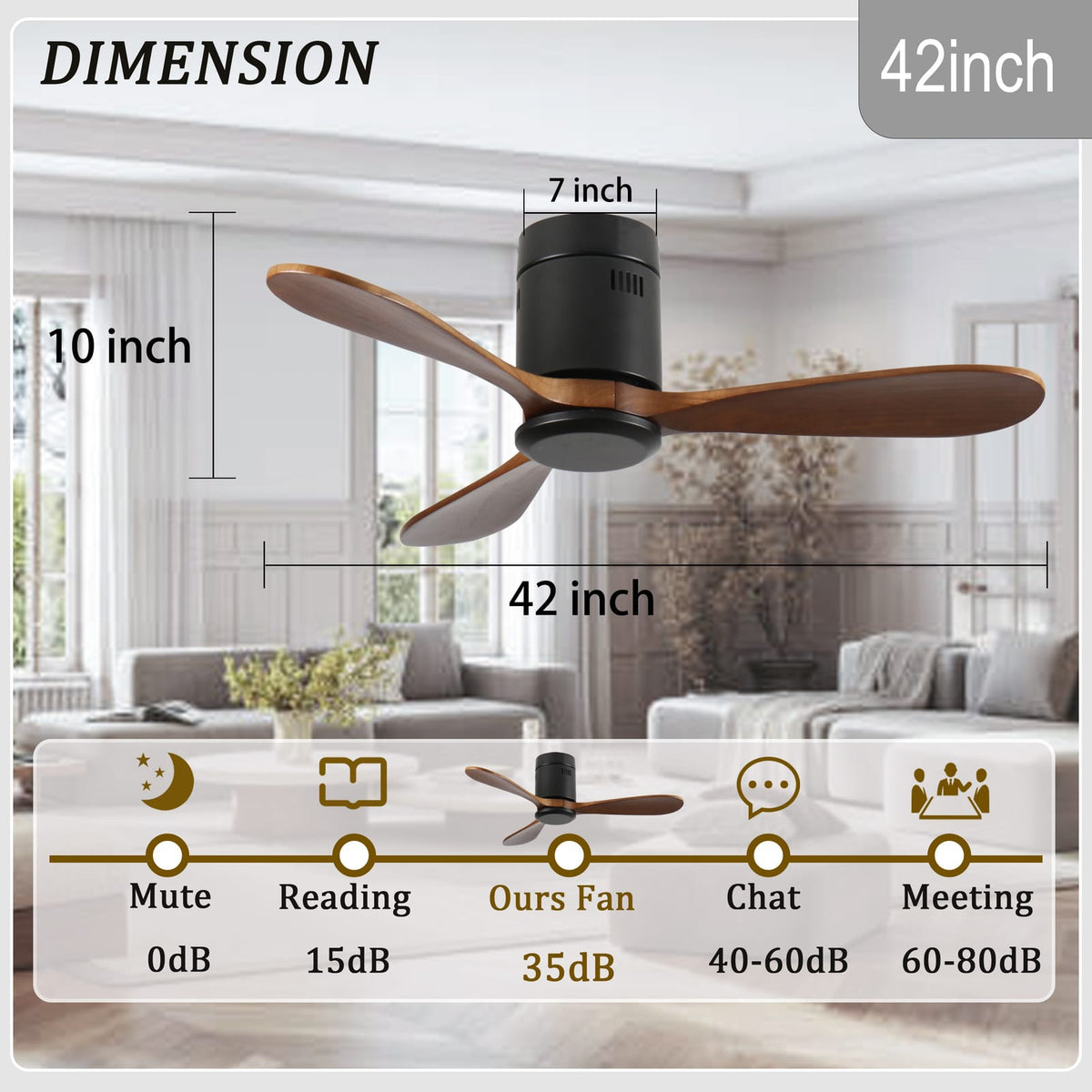 42-Inch Solid Wood Ceiling Fan - Quiet DC Motor, Reversible Airflow
