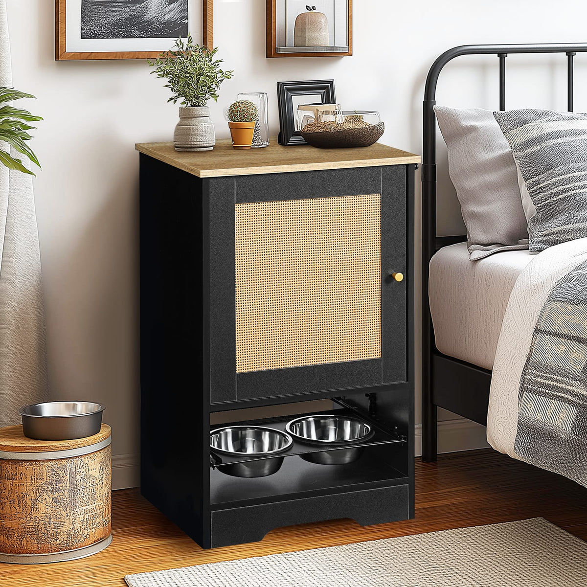 Feeding Station with Storage Cabinets - Black Vintage Pet Feeder
