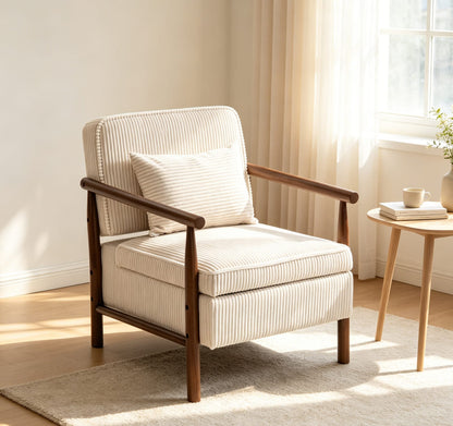 Living Room Antique White Corduroy Lounge Chair with Storage - Bedroom Accent Chair