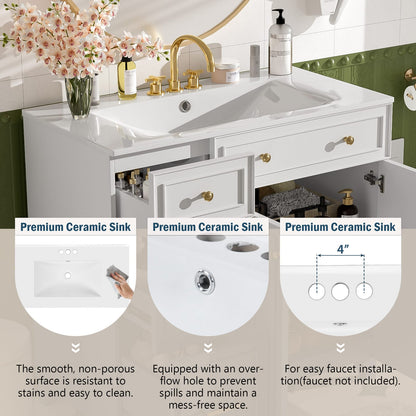 36 Inch White Bathroom Vanity with Ceramic Sink and Adjustable Storage