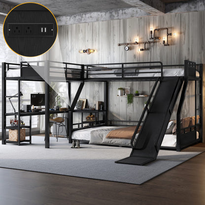Metal Triple Bunk Bed with Desk and Slide for Kids Playroom for Bedroom
