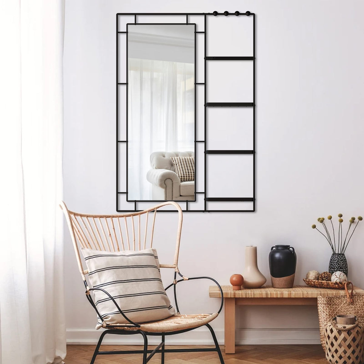 30x44 Ines Modern Vanity Mirror - Black Frame, Multi-functional Shelf