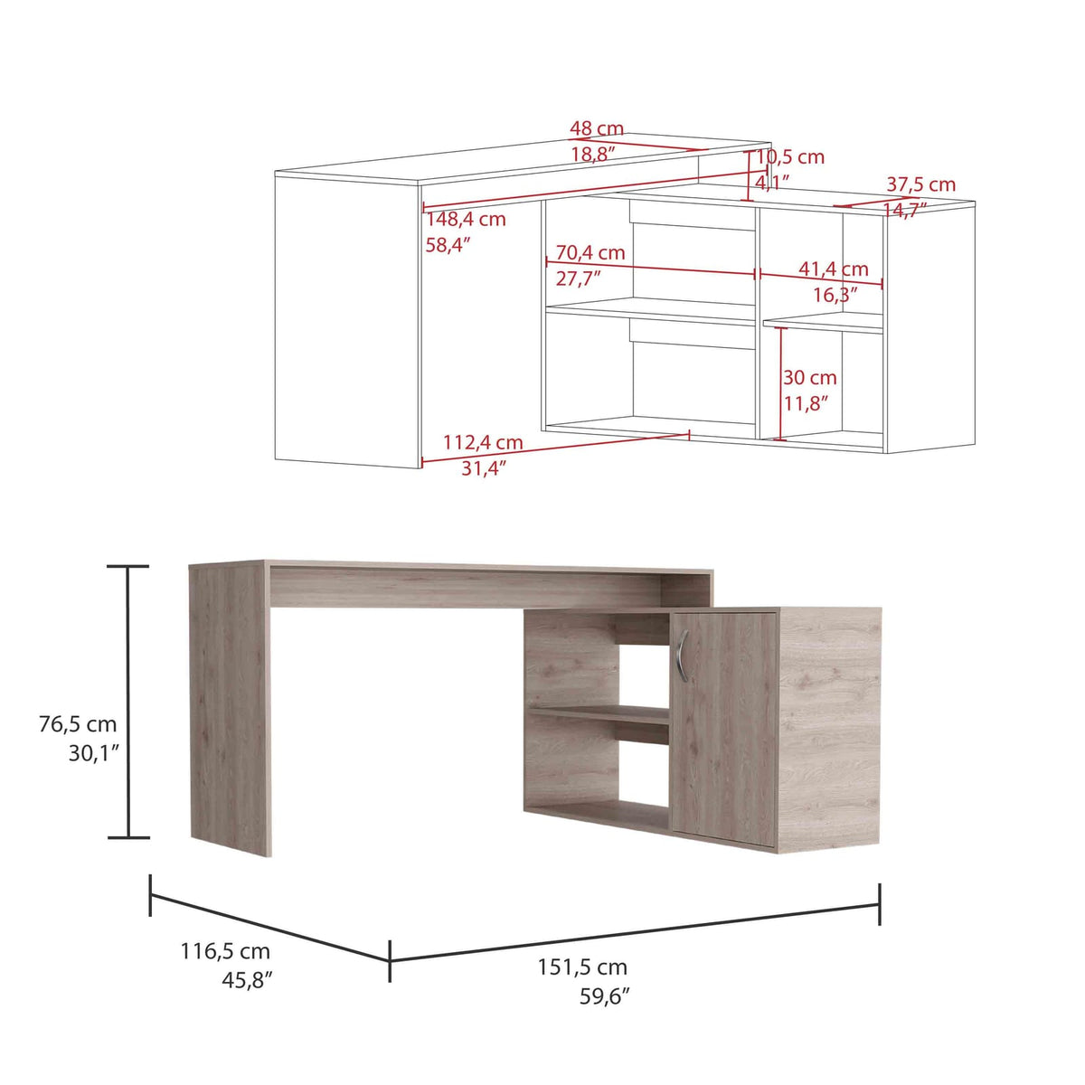 Axis Modern L-Shaped Computer Desk - Light Gray Storage