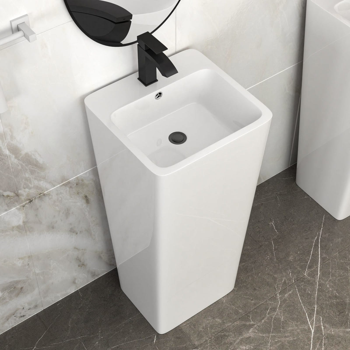 16" White Ceramic Pedestal Sink - Space-Saving Bathroom Basin