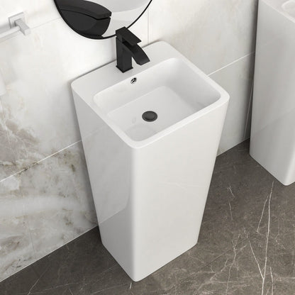 16" White Ceramic Pedestal Sink - Space-Saving Bathroom Basin