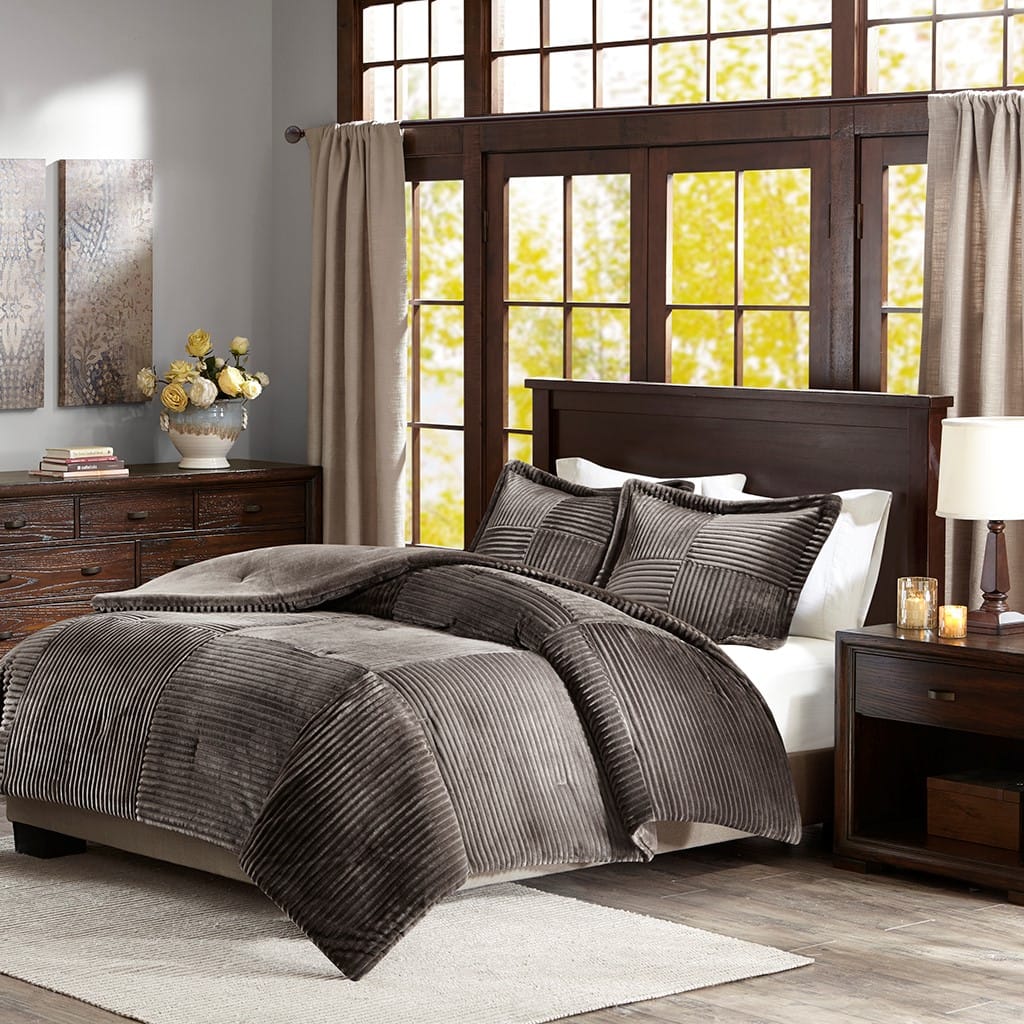 King Size Brown Grey Plush Comforter Set