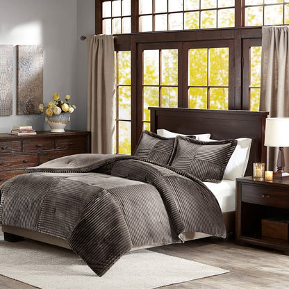 King Size Brown Grey Plush Comforter Set