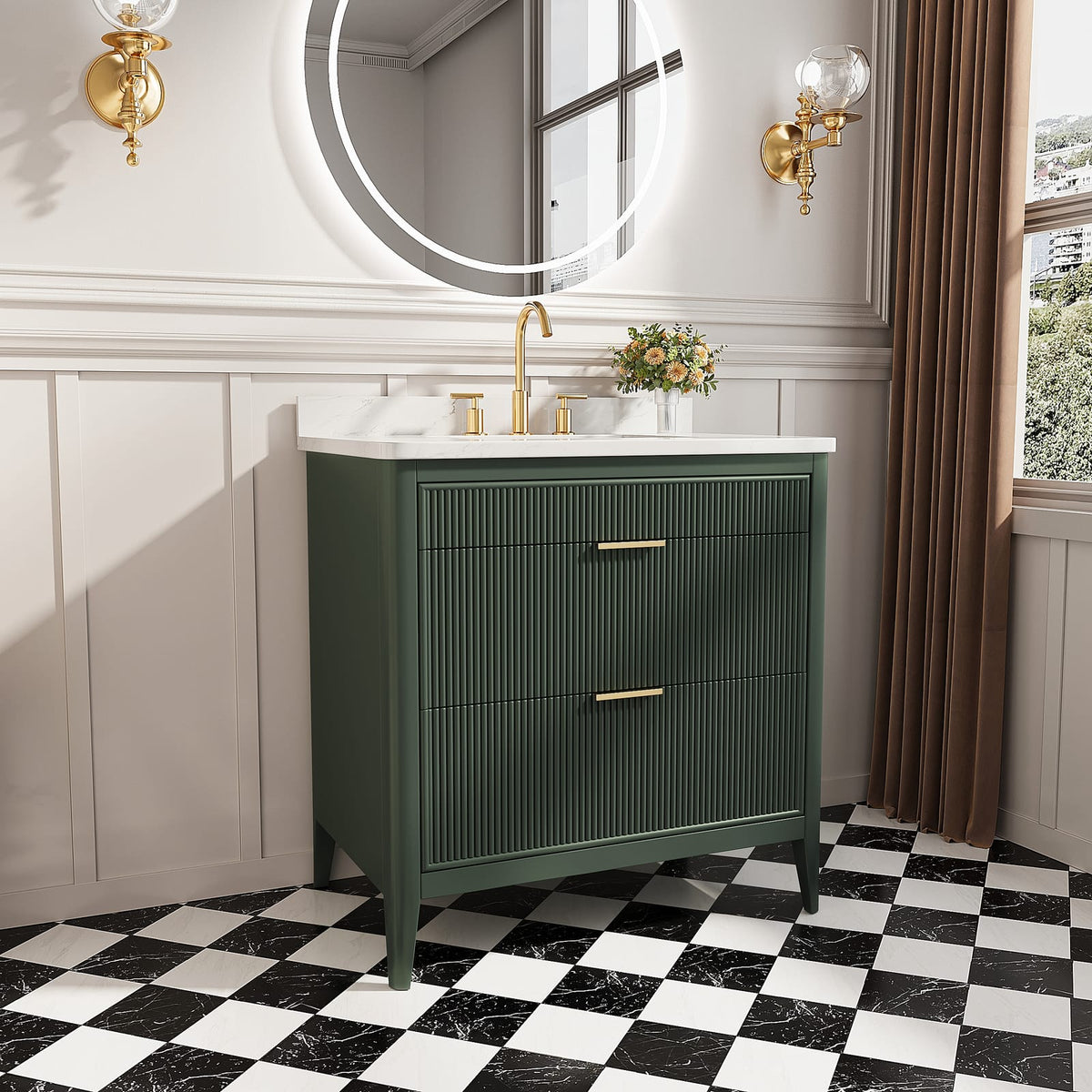 36 Inch Green Fully Assembled Bathroom Vanity with Marble Top