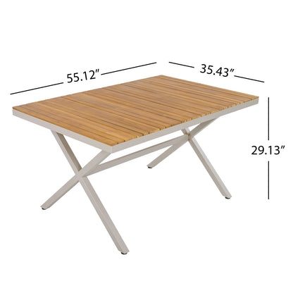 Outdoor 7-Piece Dining Set - Teak Wood Table & Beige Steel Chairs, Patio Furniture