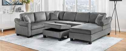Dark Gray Chenille 6 Seat Sectional Sofa with Storage Ottoman