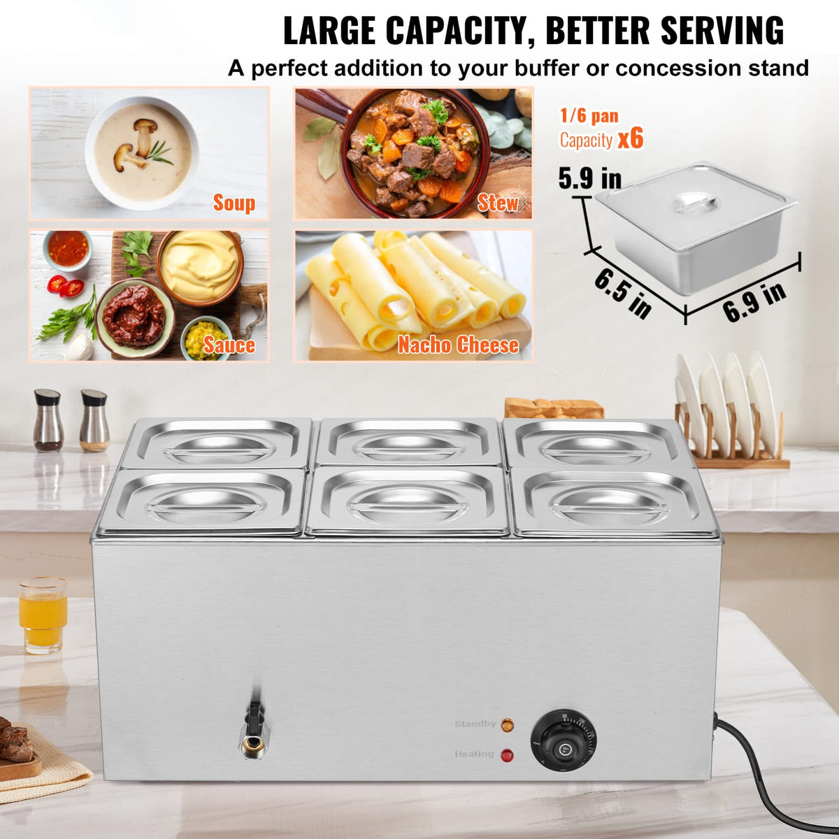 Commercial Food Warmer - 6 Pan Stainless Steel Buffet, 14.3QT
