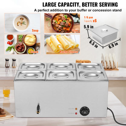 Commercial Food Warmer - 6 Pan Stainless Steel Buffet, 14.3QT