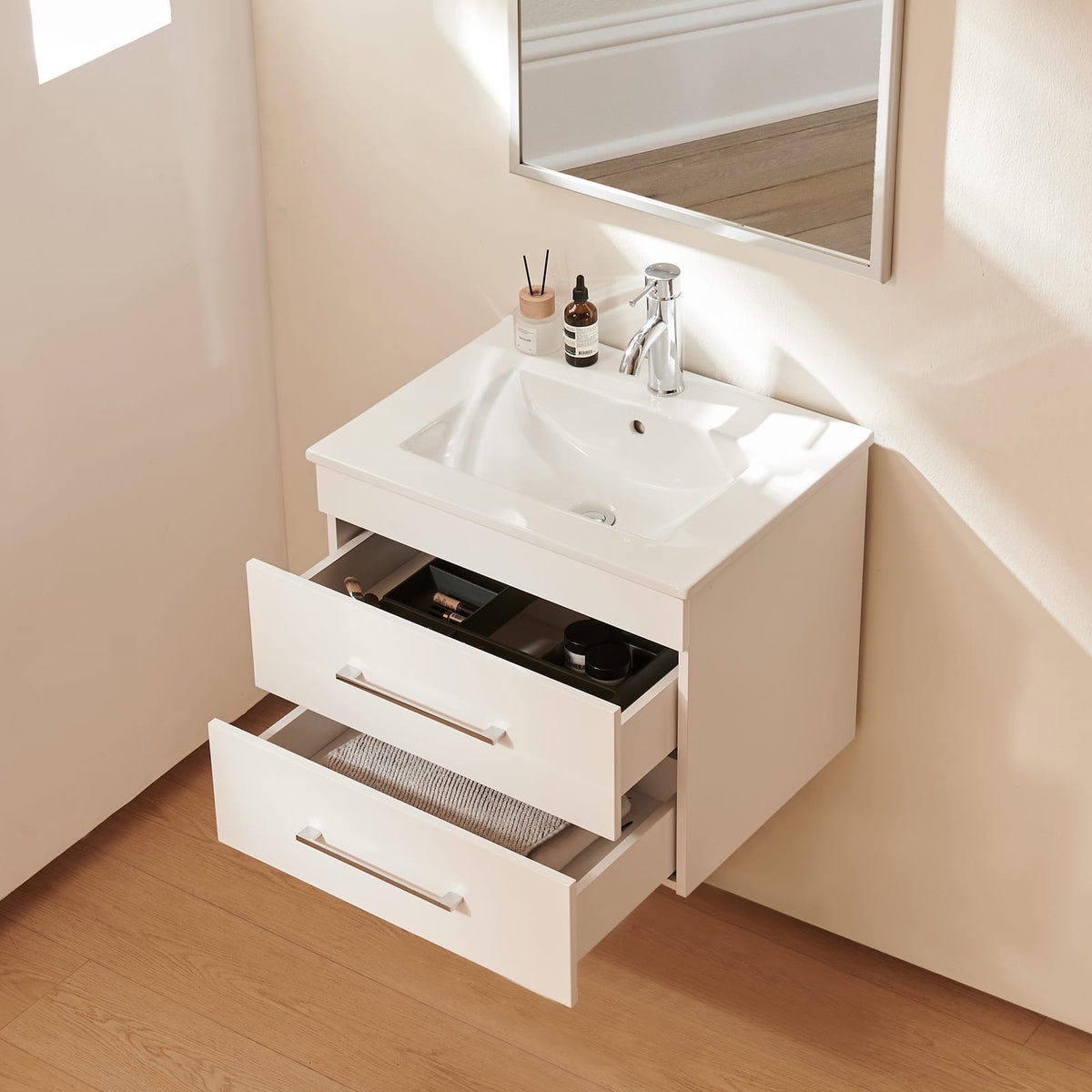 24 Inch White Bathroom Vanity - Wall Mounted Storage