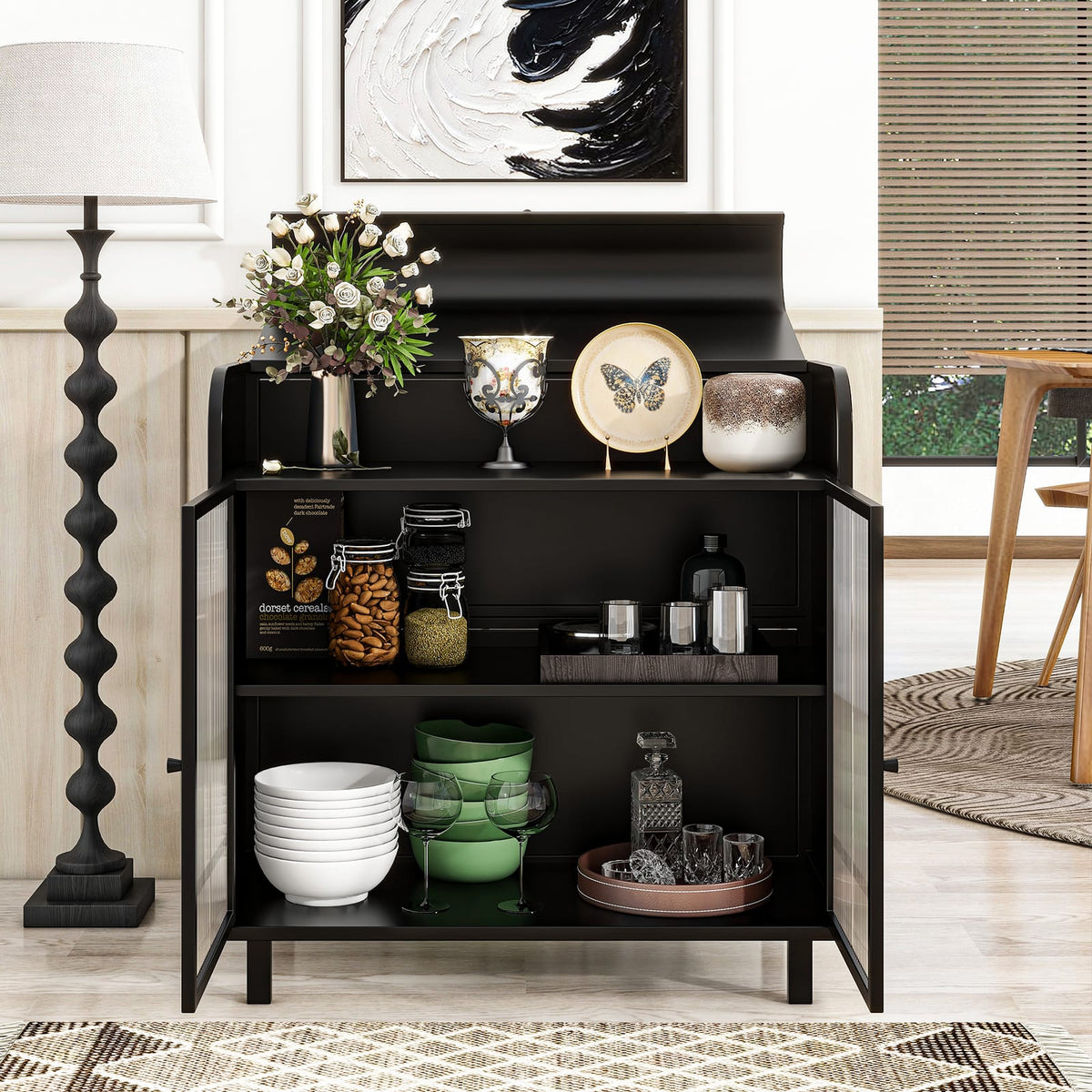 Antique Black Sideboard Buffet Cabinet - Steel & Glass Storage