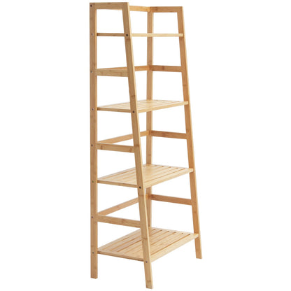 Natural Wood Ladder Shelf - 4 Tier Bamboo Bookshelf