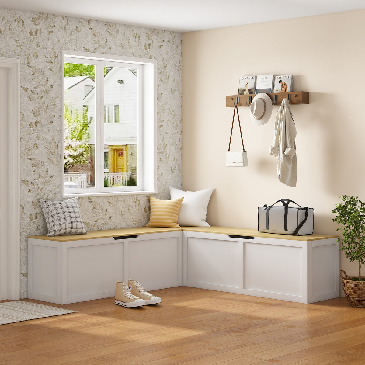 Corner Storage Bench with Large Storage Compartment for Living Room