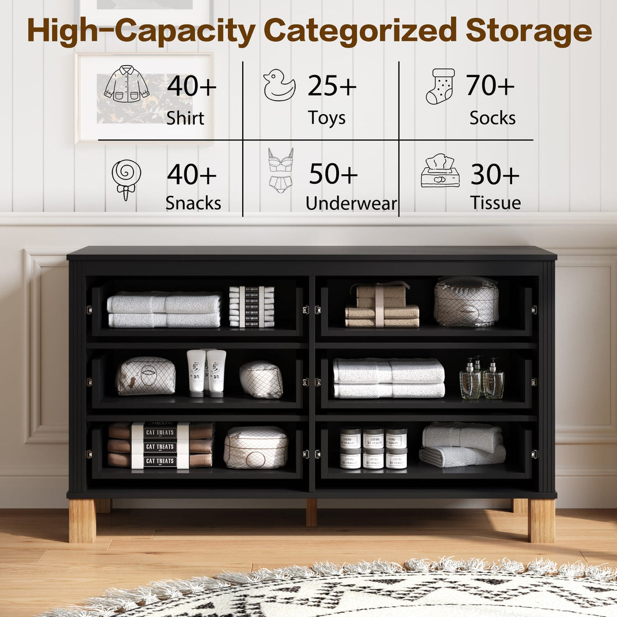 6-Drawer Black Dresser - Bedroom Storage Cabinet