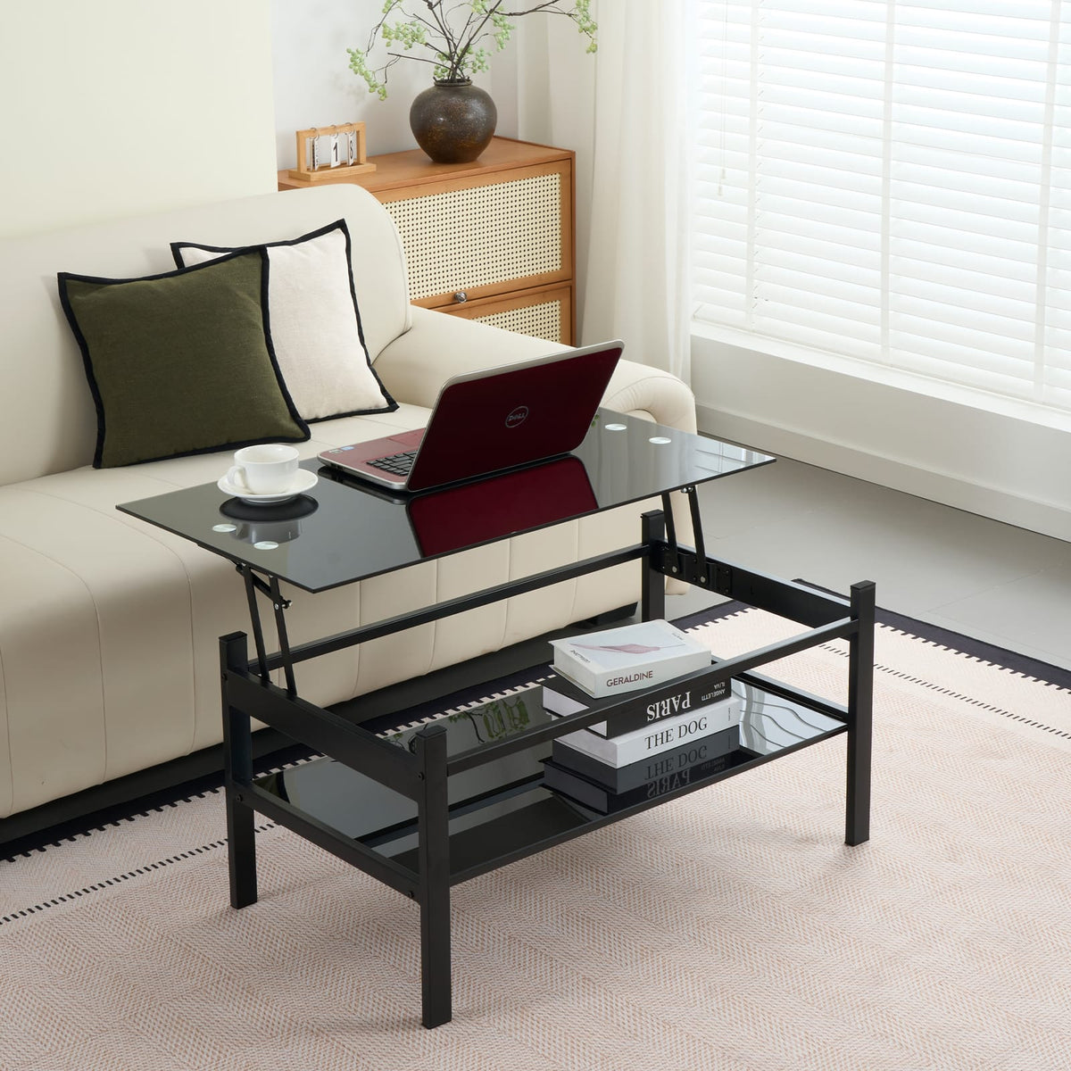 Black Glass Lift Top Storage Coffee Table for Living Room