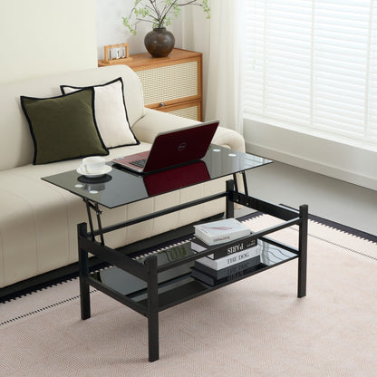 Black Glass Lift Top Storage Coffee Table for Living Room