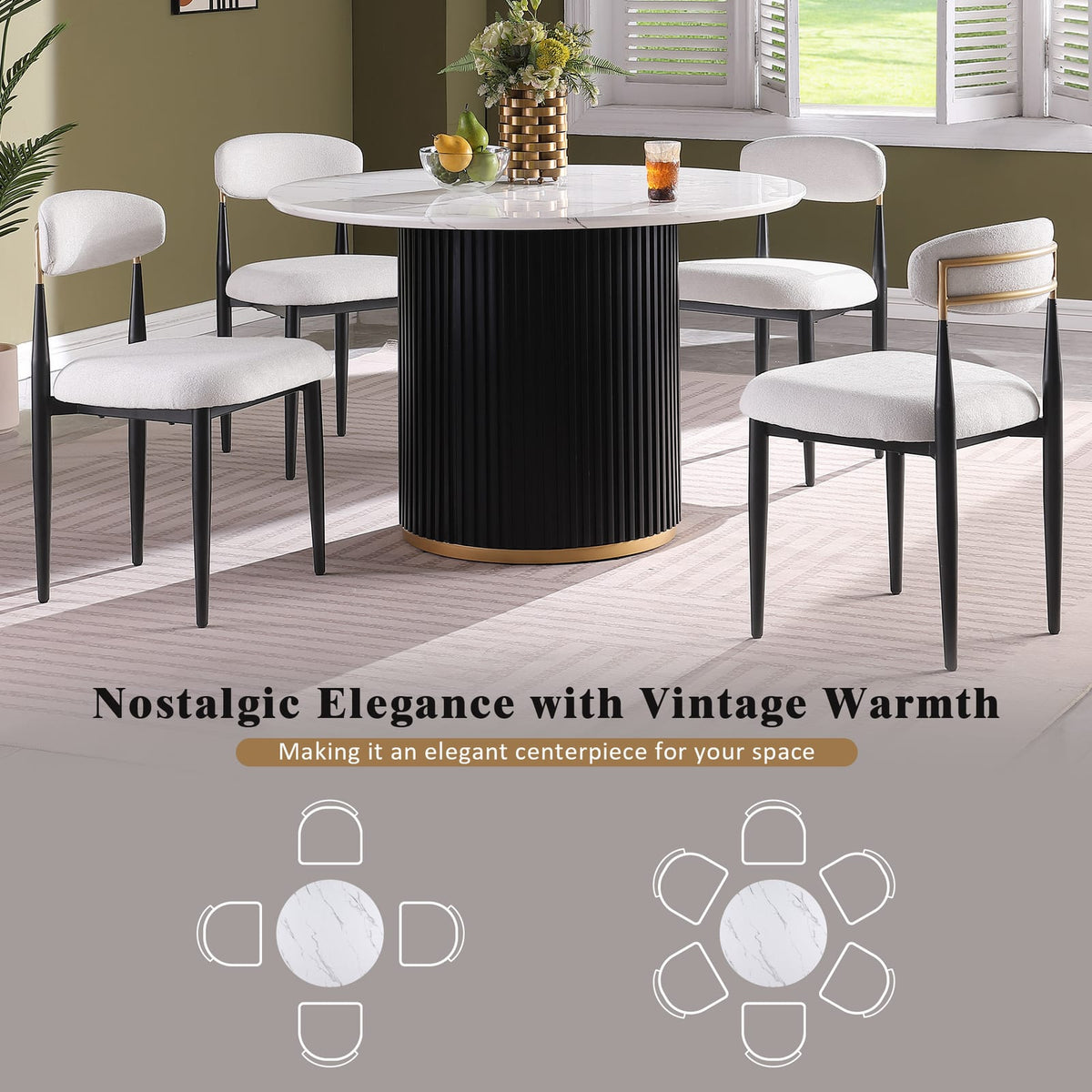 46 Inch Round Faux Marble Dining Table, Black Wave Metal Base - Accommodates 4 People