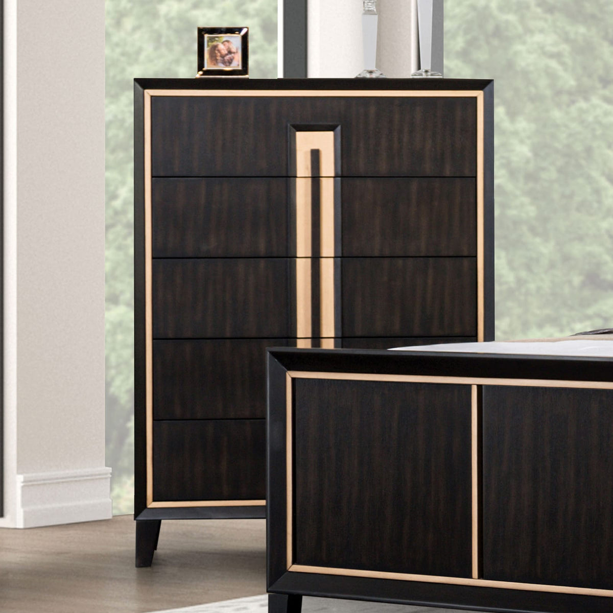 Espresso Solid Wood Bedroom Dresser with Gold Accent Trim Storage