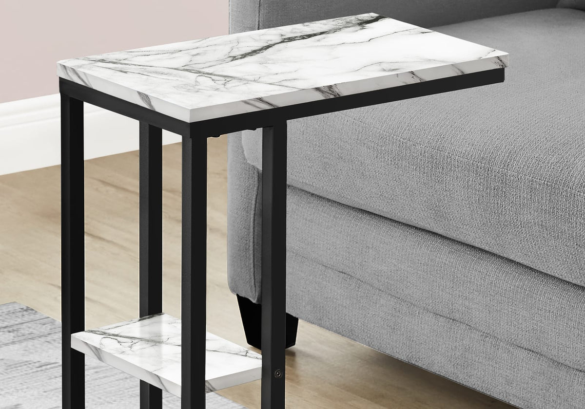 C-Shaped Accent Table - White Marble Look, Storage Side Table