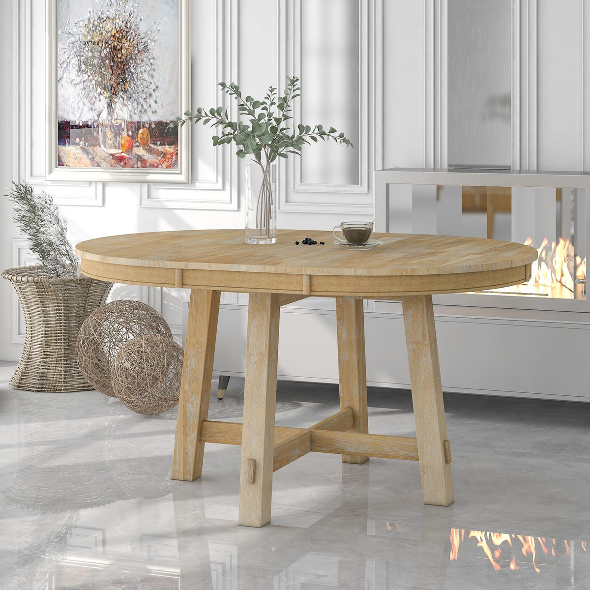 TREXM Farmhouse Round Extendable Dining Table - Natural Wood Wash