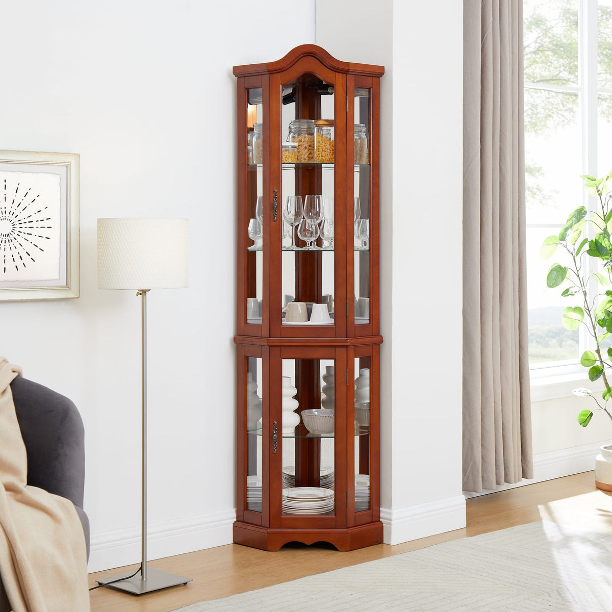 Walnut Corner Display Cabinet with Glass Shelves for Living Room Storage