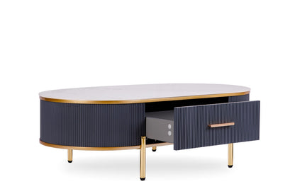 White Gray Oval Coffee Table with Drawers - Mid-Century Modern Style