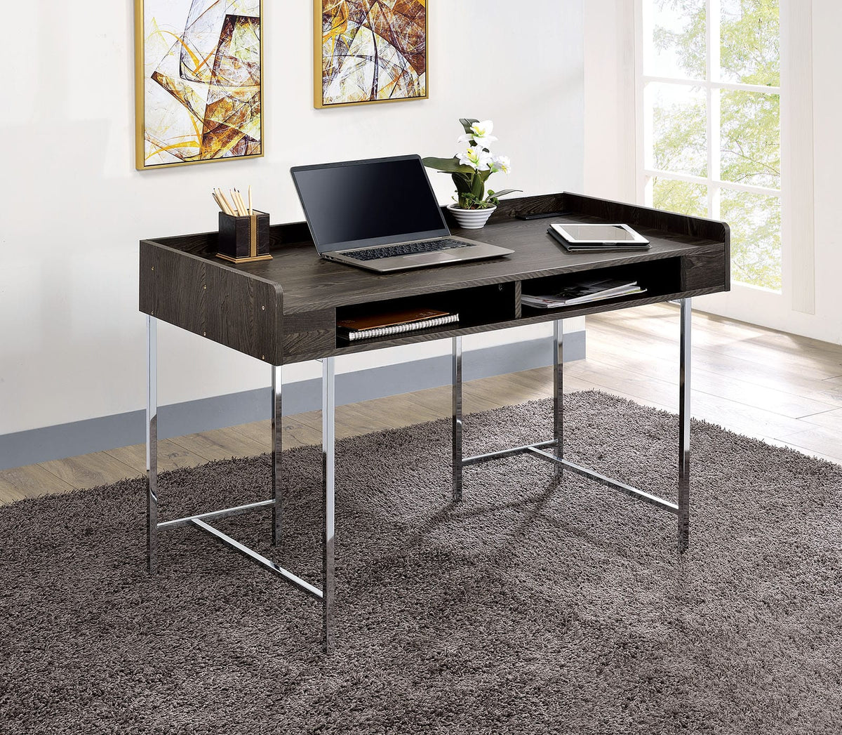 Contemporary Brown Chrome Metal Computer Desk with Drawer Storage