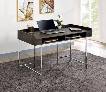 Contemporary Brown Chrome Metal Computer Desk with Drawer Storage