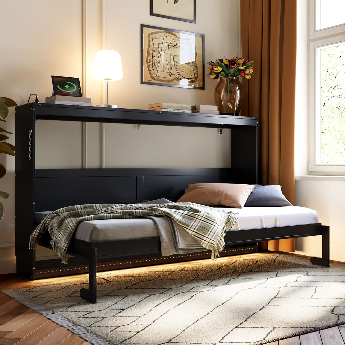 Twin Size Side Folding Murphy Bed Black Space Saving Design for Bedroom