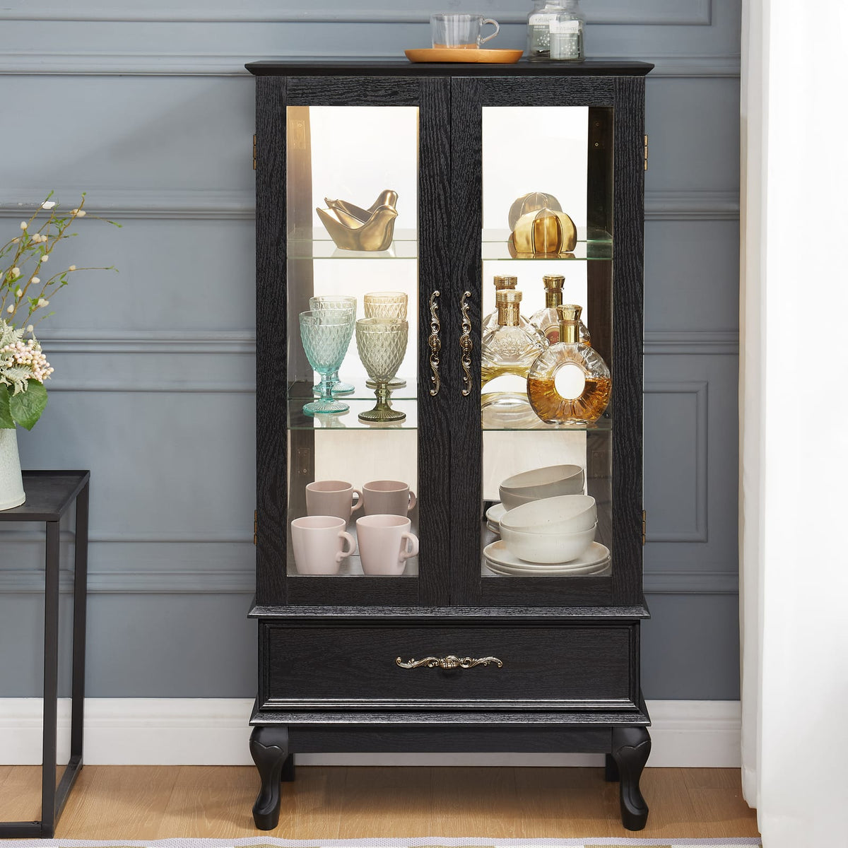 Black Glass Curio Cabinet - Display Cabinet with LED Lights