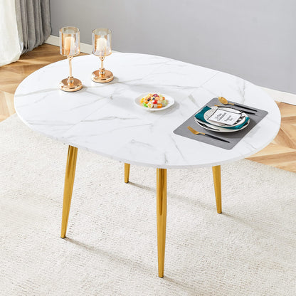 Extendable Round Dining Table - White+Gold MDF Metal for Dining Room