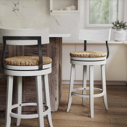 Reclaimed Wood Bar Stool with Seagrass Seat, White Finish for Bedroom