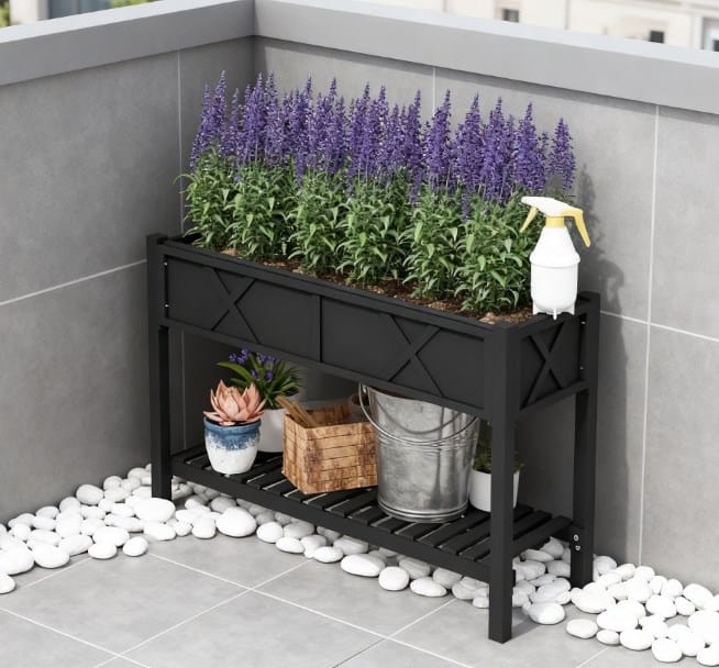 Black Wood Raised Planter Box with Storage Shelf