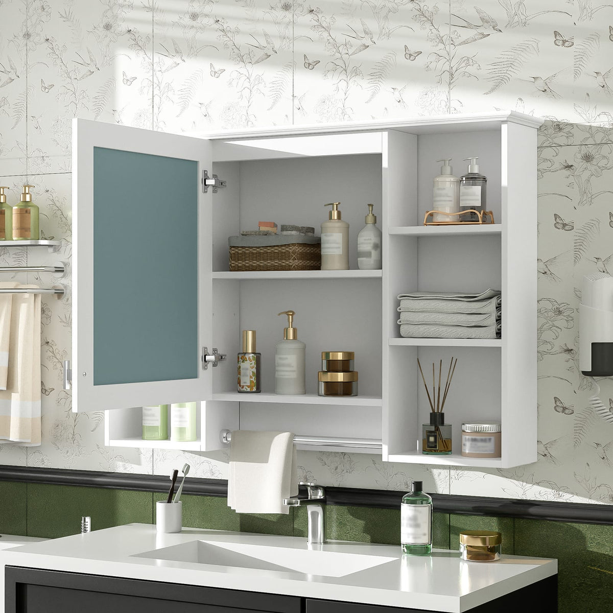 3-in-1 White Bathroom Mirror Cabinet - Wall Mounted Storage