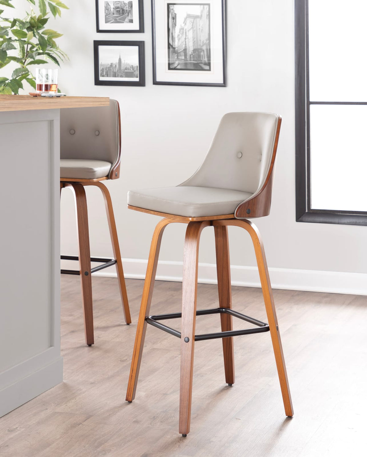 Fixed-Height Barstool Set - Light Grey Faux Leather, Walnut Wood