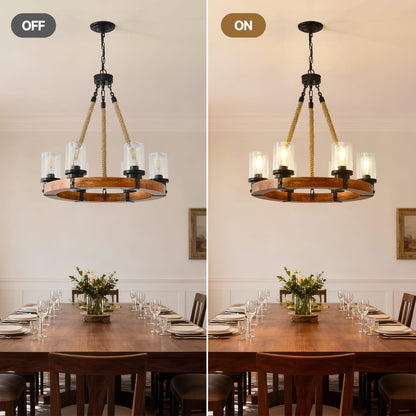Rustic Wagon Wheel Chandelier - 23.6" Round Wood Pendant Light