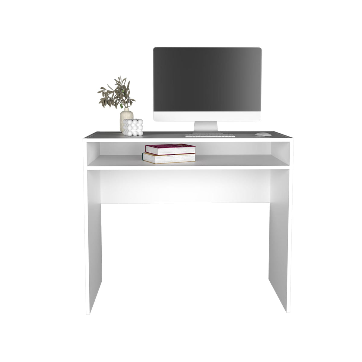 White Compact Computer Desk with Storage Shelf