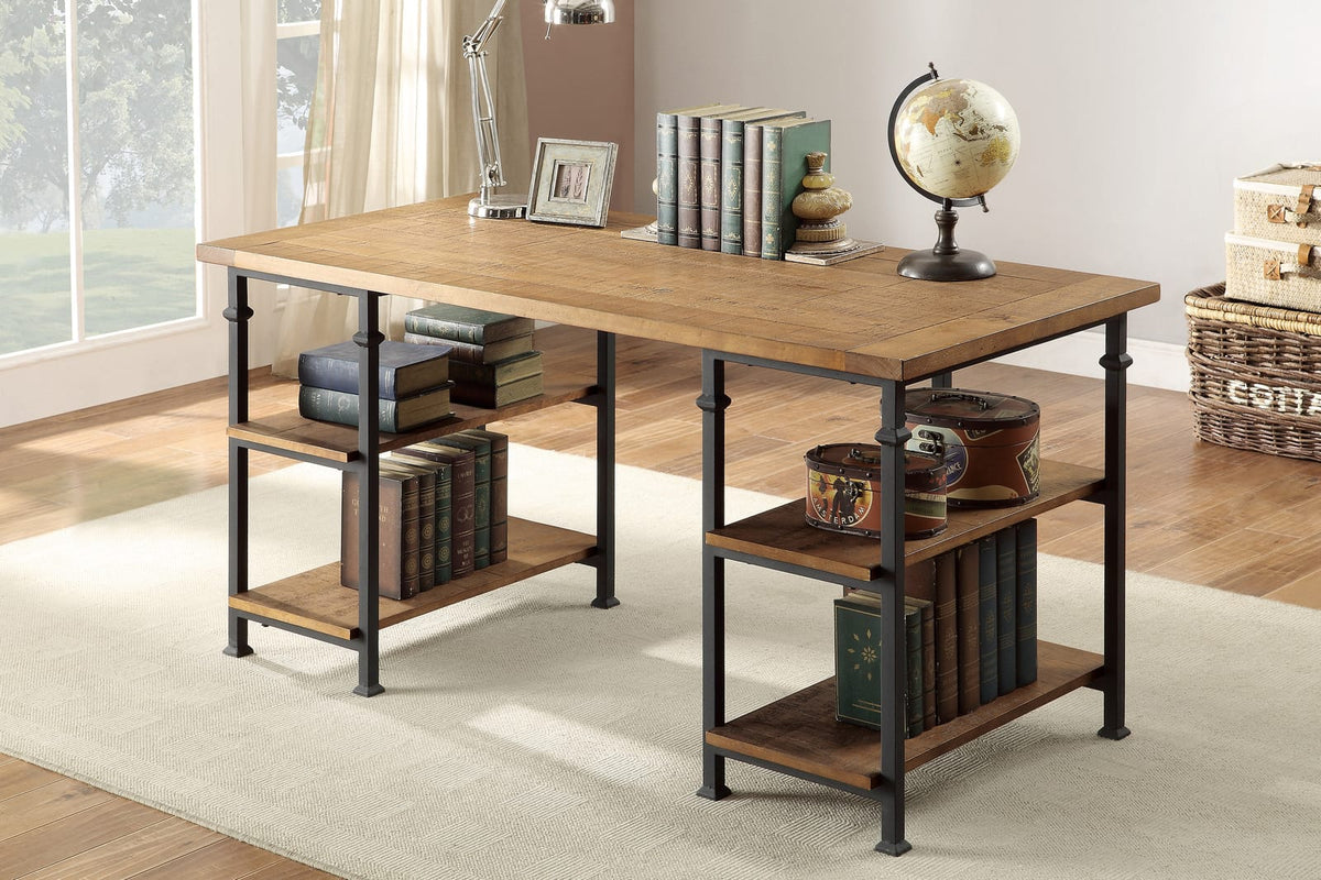 Vintage Industrial Writing Desk - Black Metal & Solid Wood Shelves
