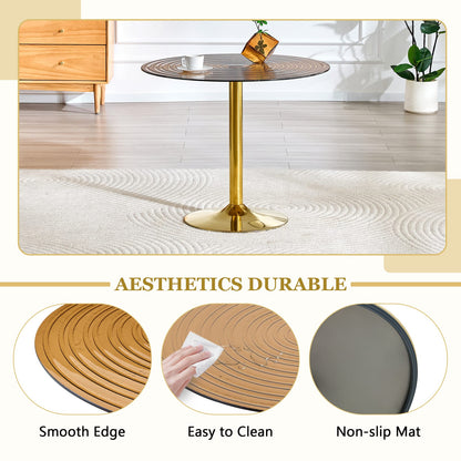 35 Inch Brown Ring Glass Round Table - Gold Metal Frame for Living Room