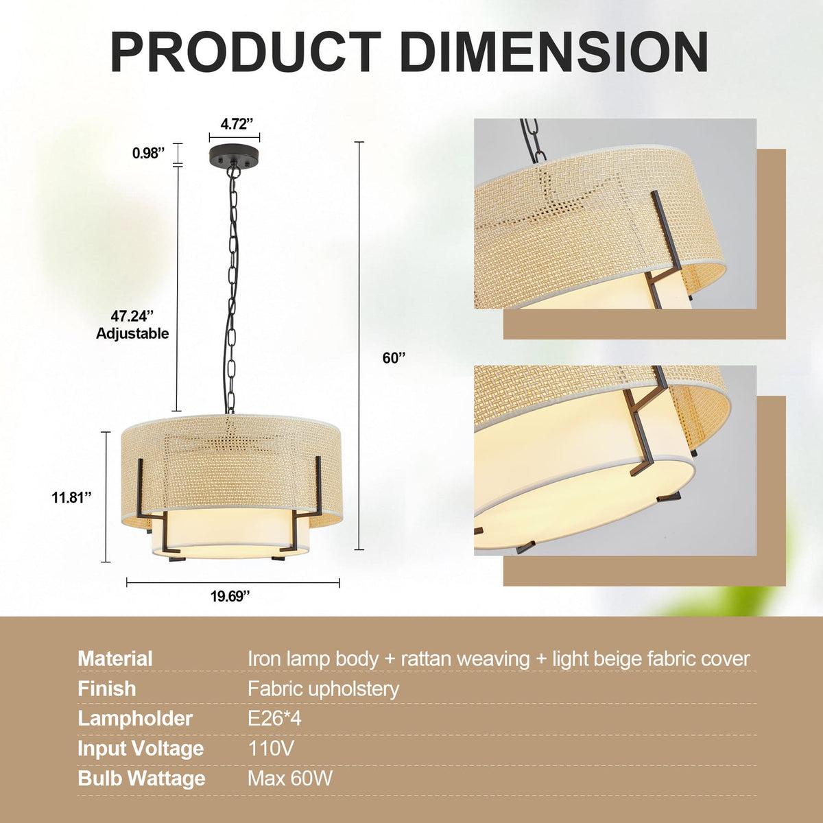 Gold Rattan Chandelier - 19.7" Farmhouse Boho Lighting