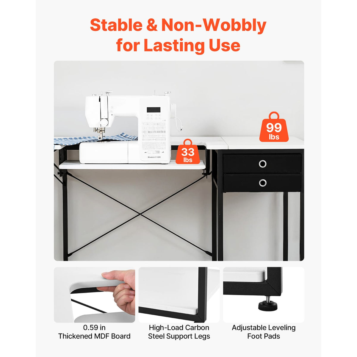 White Steel Sewing Table with Drawers & Adjustable Shelf