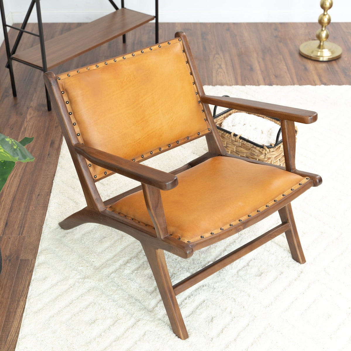 Tan Leather Mid-Century Arm Chair - 28"W x 26"D x 25"H