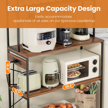 Large 5-Tier Bakers Rack with Electrical Outlets - Walnut Kitchen Storage Shelf