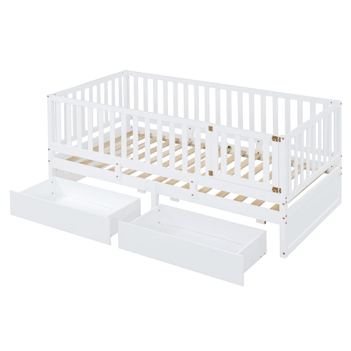 Twin Size Wood Daybed - White with Fence Guardrails & Drawers