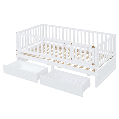 Twin Size Wood Daybed - White with Fence Guardrails & Drawers