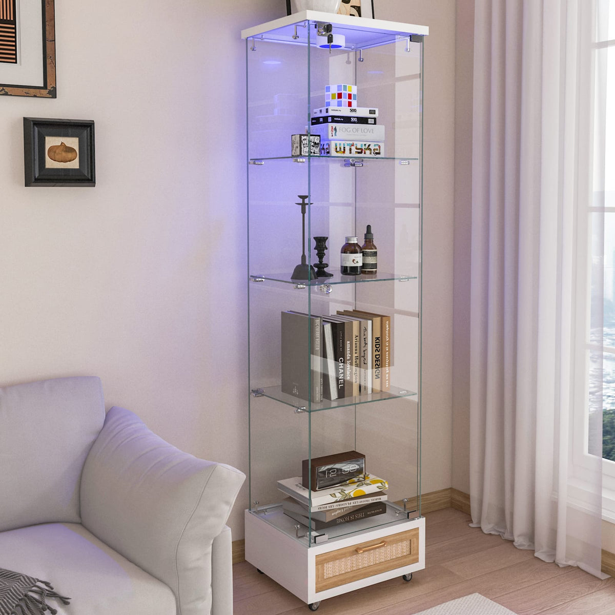 White Tempered Glass Display Cabinet with LED Lighting for Living Room